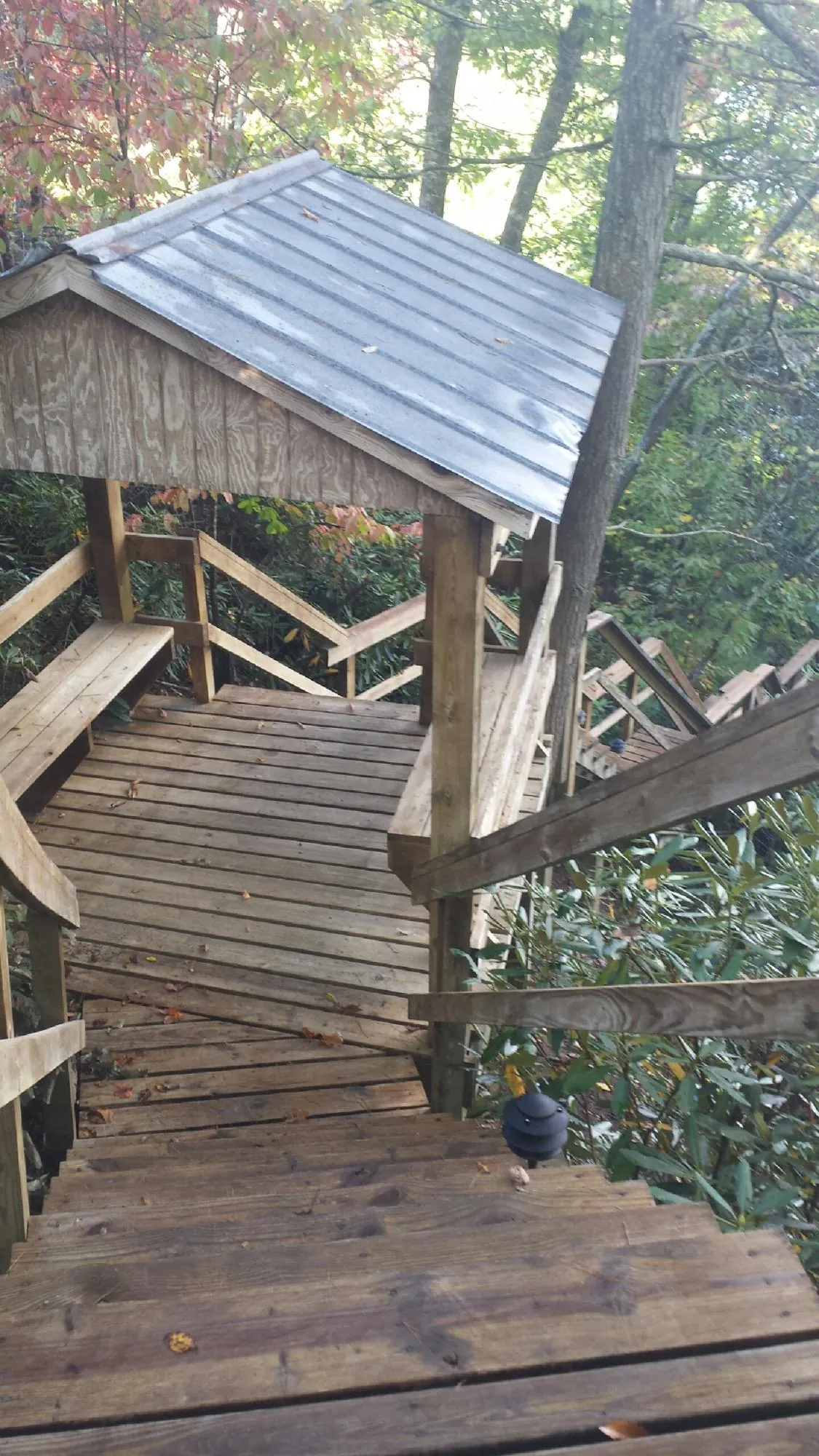 Metal roofed shelter over wooden steps on a wooded walkway — Skylight Repair & Installation work by our crew in Randall
